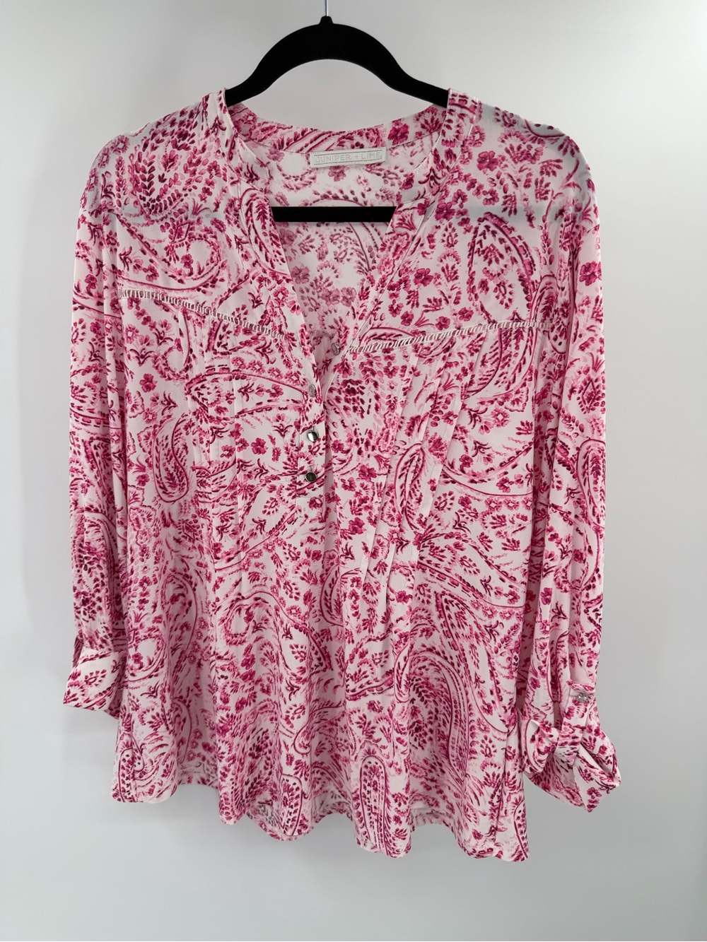Juniper + Lime Pink Paisley Split-Neck Popover Women's Top XL Boho Bright